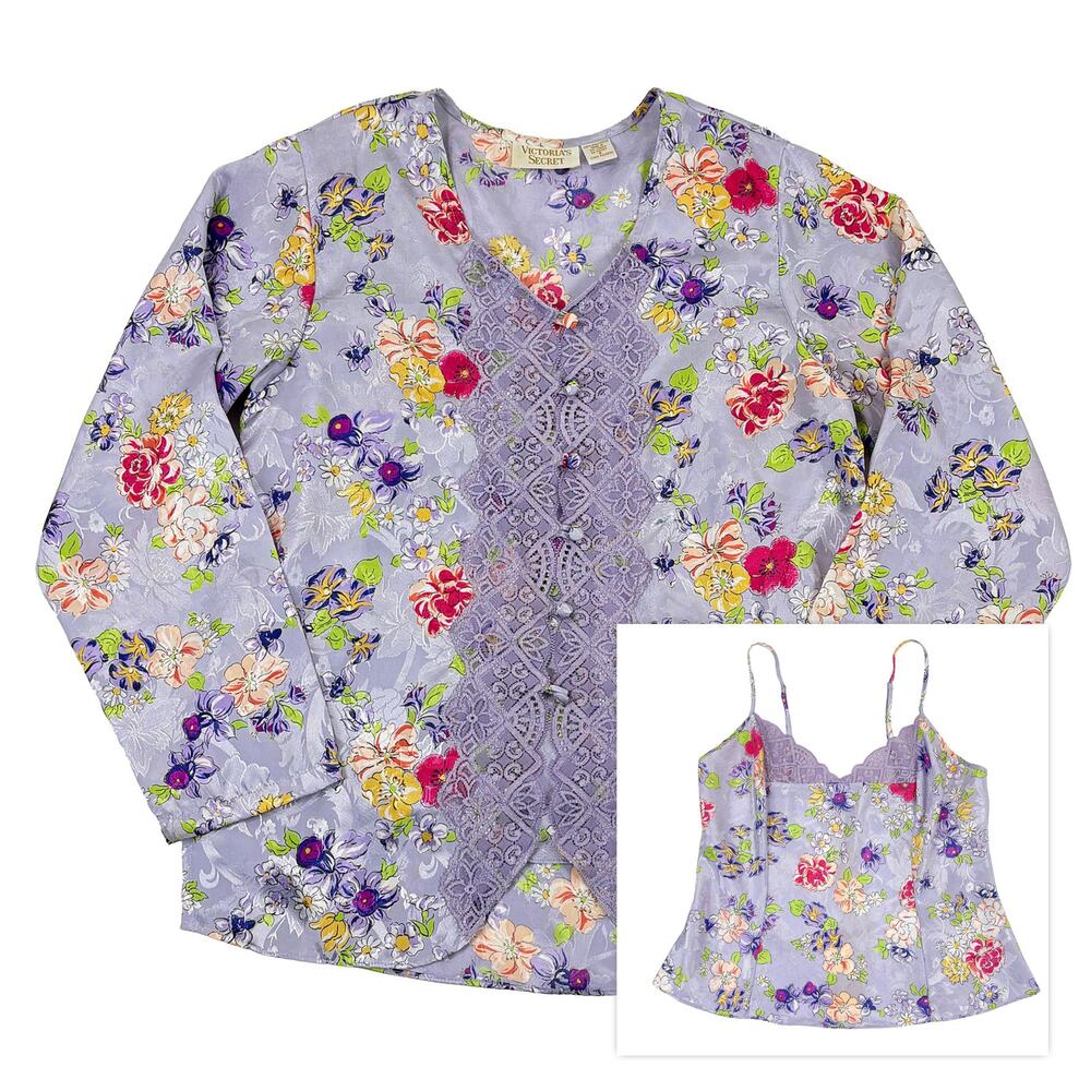 Vintage Victoria's Secret Floral Satin Pajama Top & Cami Set Size P S Purple